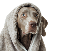 ai generiert Weimaraner Hund eingewickelt im ein gemütlich Handtuch png