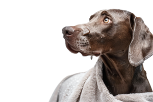 ai generiert Weimaraner Hund eingewickelt im ein gemütlich Handtuch png