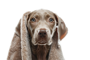 ai generiert Weimaraner Hund eingewickelt im ein gemütlich Handtuch png