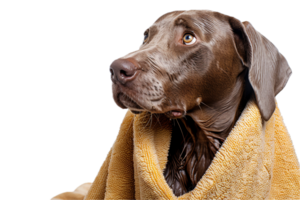 ai generiert Weimaraner Hund eingewickelt im ein gemütlich Handtuch png