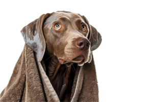 ai gerado weimaraner cachorro embrulhado dentro uma acolhedor toalha png