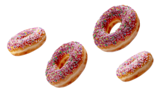 ai gegenereerd besprenkeld roze berijpt donuts drijvend PNG