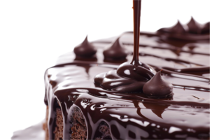 ai generado lustroso chocolate ganache torrencial en pastel png