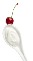 ai generato ciliegia sormontato su frustato crema nel rosso cucchiaio png