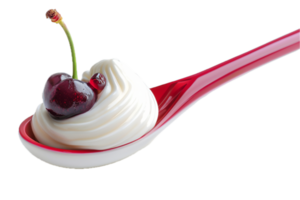 ai generato ciliegia sormontato su frustato crema nel rosso cucchiaio png