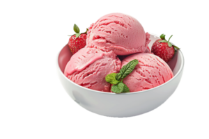 AI generated Strawberry Ice Cream Scoops in White Bowl png