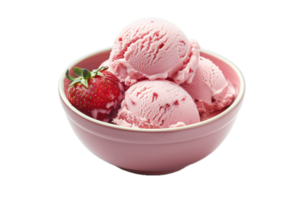 AI generated Strawberry Ice Cream Scoops in White Bowl png