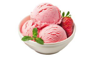 AI generated Strawberry Ice Cream Scoops in White Bowl png