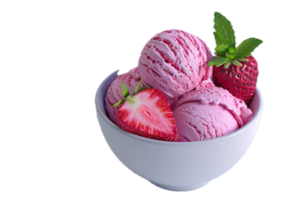 AI generated Strawberry Ice Cream Scoops in White Bowl png