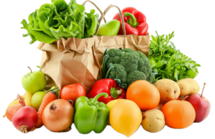 ai generado Fresco vegetales y frutas en papel bolso png