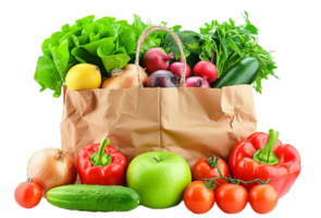 ai generado Fresco vegetales y frutas en papel bolso png