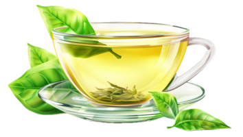 AI generated Green Tea in Transparent Cup with Fresh Leaves png