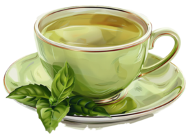 ai généré vert thé dans transparent tasse avec Frais feuilles png