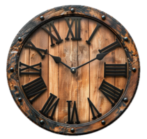 ai generado rústico de madera pared reloj con romano numerales png
