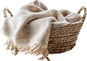 AI generated Wicker Basket with Cozy Linen Blanket png