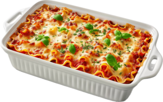 ai gegenereerd gebakken lasagne schotel gegarneerd met vers basilicum PNG