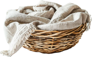 AI generated Wicker Basket with Cozy Linen Blanket png