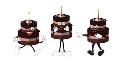 Cute sweet birthday cake cartoon character design, vintage character cartoon birthday cake, retro sticker of happy chocolate cake with candles vector