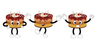 Cute sweet birthday cake cartoon character design, vintage character cartoon birthday cake, retro sticker of happy chocolate cake with candles vector