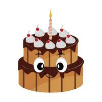 Cute sweet birthday cake cartoon character design, vintage character cartoon birthday cake, retro sticker of happy chocolate cake with candles vector