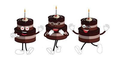 Cute sweet birthday cake cartoon character design, vintage character cartoon birthday cake, retro sticker of happy chocolate cake with candles vector