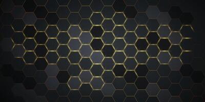 Black Hexagonal background with golden light vector