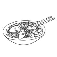 Japanese ramen soup with chicken, noodles, eggs, chopped green onion, spinach and sesame served on a plate with chopsticks and a spoon. Outline doodle illustration for restaurant menu. Top view. vector