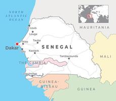 Senegal Political Map with capital Dakar, most important cities with national borders vector