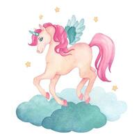 Watercolor illustration of a cute jumping unicorn with wings on clouds with stars in pink and turquoise colors. Fairy-tale cartoon character vector