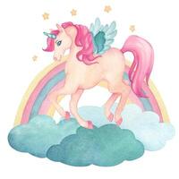 Watercolor illustration of a cute jumping unicorn with wings on clouds with stars and rainbow in pink and turquoise colors. Fairy-tale cartoon character vector