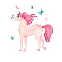 acuarela ilustración de un linda en pie unicornio con delicado mariposas en rosado y turquesa colores. cuento de hadas dibujos animados personaje para decorando para niños habitación fondo de pantalla y para niños cosas vector