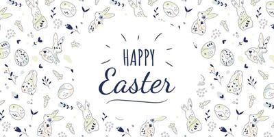 Happy Easter Doodle banner. Hand drawn Easter Eggs and Bunnies with simple Floral pattern. Vector design in pastel colors for greeting card, banner, horizontal poster, background