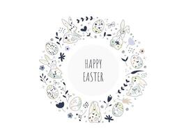 Happy Easter Doodle Frame. Hand drawn Easter eggs and bunnies with simple floral pattern. Circle composition. Vector design for greeting card, banner, background or invitation