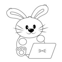 Cute cartoon Rabbit with laptop in black and white vector