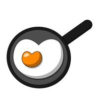 Scrambled eggs in a heart-shaped frying pan in color vector