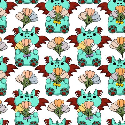 Seamless pattern with cute dragon with snowdrop