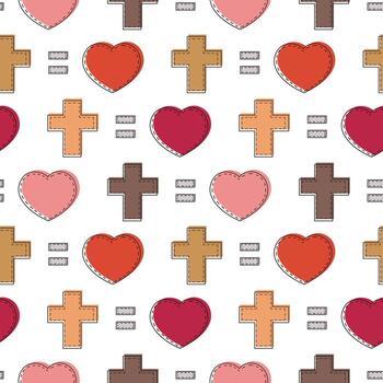 Seamless pattern with Christian Cross and heart in linear vector