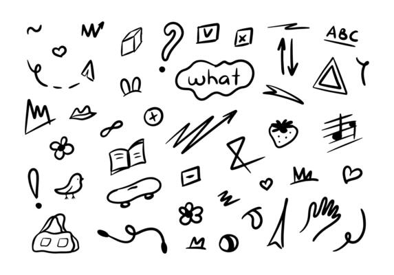 Hand drawn kid icon sketch. Doodle cute elements flower, heart, letter, arrow, line, cloud. Childish element set. Vector illustration isolated on white background.