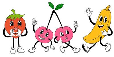 Groovy fruits set. Hand draw Funny Retro vintage trendy style fruits cartoon character. Vector doodle comic collection