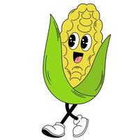 Groovy corn vegetable. Hand draw Funny Retro vintage trendy style vegetable cartoon character. Doodle Comic vector illustration