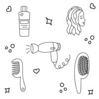 Cute doodle set with haircare products. Simple and funny clipart of women, hair dryer, shampoo, brush and comb. Vector black and white clipart with hand drawn outline isolated on background.