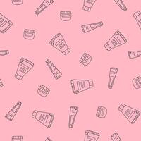 Doodle seamless pattern with face cream, bottles vector