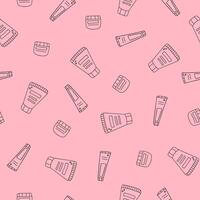 Doodle seamless pattern with face cream, bottles vector