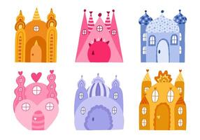 Cute set with fairy tale castles with towers of kings and queens. Bundle of magic medieval castles for kids nursery, children posters, bedroom design. Vector hand drawn doodle of royal kingdom