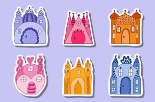 Set of stickers with childish fairy tale castles with towers of kings and queens. Bundle of magic medieval castles for kids nursery, children posters. Vector hand drawn doodle of royal kingdom