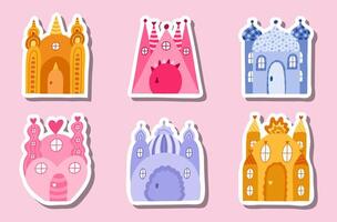 Set of stickers with childish fairy tale castles with towers of kings and queens. Bundle of magic medieval castles for kids nursery, children posters. Vector hand drawn doodle of royal kingdom