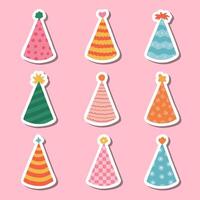 Set of stickers with hand drawn birthday doodle for planners, notebooks. Ready for print list of cute stickers with party cone and Christmas cap. Simple birthday party hat in bright color vector