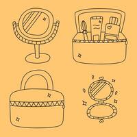 Cute doodle with set for make up. Clipart of opened and closed cosmetic bag with brush, cream and lotion, cosmetic products, funny face mirror. Vector scribble illustration with hand drawn outline.