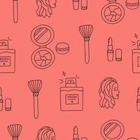 Cute simple seamless pattern with face powder, eyeshadow palette, perfume in the bottle. Endless backdrop with cosmetic products for make up for wrapping paper, fabric, scrapbook. Hand drawn doodle vector