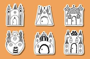 Set of stickers with childish fairy tale castles with towers of kings and queens. Bundle of magic medieval castles for kids nursery, children posters. Vector hand drawn doodle of royal kingdom